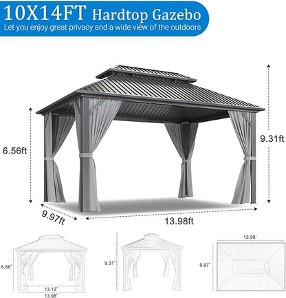 WKM 10x14 FT Hardtop Gazebo with Heavy Duty Galvanized Steel Double Roof, Aluminum Frame Permanent Pavilion with Curtains and Netting, Outside Canopy Gazebo for Patio, Deck and Backyard,Gray