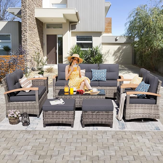 MEISSALIVVE 8 Pieces Patio Furniture Sets, PE Wicker Outdoor Conversation Sets with 2 Wood Armrests Swivel Rocker Chairs, 2 Ottomans, 2 Sofas and Coffee Table(Grey)