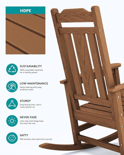 SERWALL Oversized Rocking Chair Set of 2 Outdoor, HDPE Outdoor Rocking Chair Set of 2, Brown