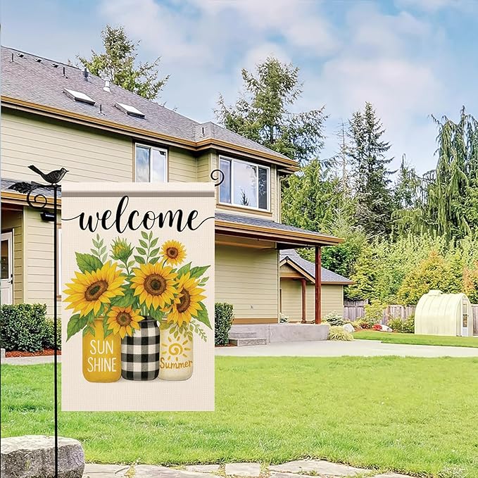 Spring Summer Welcome Garden Flag Sunflower Floral Yard Banner 12x18 Inch Double Sided Outdoor Decoration for Porch Lawn Patio Entryway Rustic Country Farmhouse Seasonal Home
