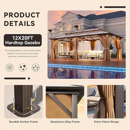 Aoxun 12'x20' Hardtop Gazebo, Aluminum Frame Permanent Pavilion with Netting and Curtains, Outdoor Polycarbonate Double Roof Canopy, Designed for Lawn, Garden, Patio (Brown)