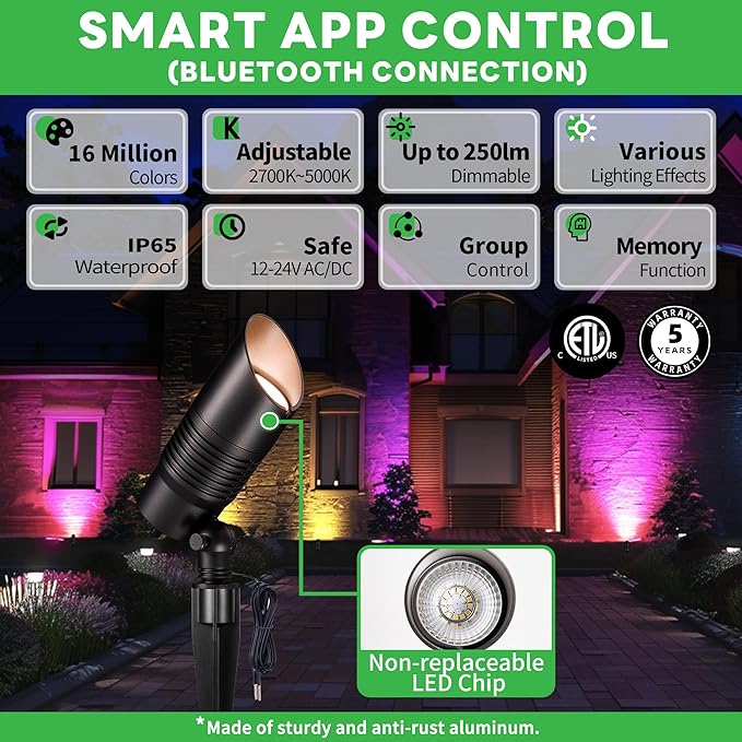 Landscape Spot Lights Outdoor Changing Colors - Smart App Based Spotlights, LED Low Voltage Accent Lights, Outdoor Waterproof 12V Wired, All Metal Aluminum Black for Fountain Sign 12 Pack