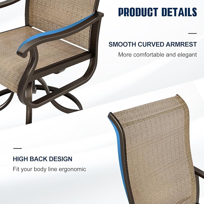 UDPATIO Patio Swivel Dining Chairs Set of 2, Outdoor Dining Chairs High Back with All Weather Breathable Textilene, Metal Rocking Frame for Lawn Garden, Brown