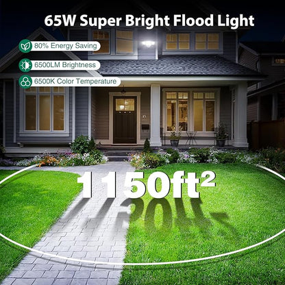 65W LED Flood Light Outdoor, 6500 Lumen Super Bright Security Lights, 3 Adjustable Heads, IP65 Waterproof, 6500K Daylight Wall Mount Outdoor Flood Light for Yard, Garage