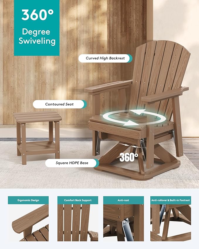 SERWALL Adirondack Swivel Glider, HDPE Swivel Glider for Outdoor, All-Weather Glider Rocking Chair for Porch, Balcony, Brown