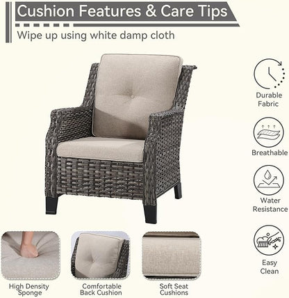 5-Piece Wicker Patio Furniture Set, 4 Armchairs and 1 Fire Pit, Conversation Set with Cushions, Beige
