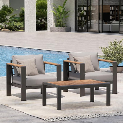 Aluminum Outdoor Sofa Bistro Set, 3 Piece Outdoor Patio Furniture Set with Washable Thick Cushion, Patio Sectional Furniture Set for Porch, Balcony, Deck, Yard, Gray