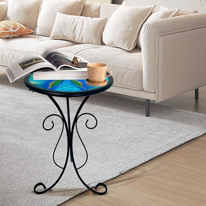 HONGLAND Outdoor Side Table, 12" Round Small Outdoor Glass End Table, Glass Plant Stand, Small Bistro Coffee Table for Garden Patio Porch Living Room （Peacock）