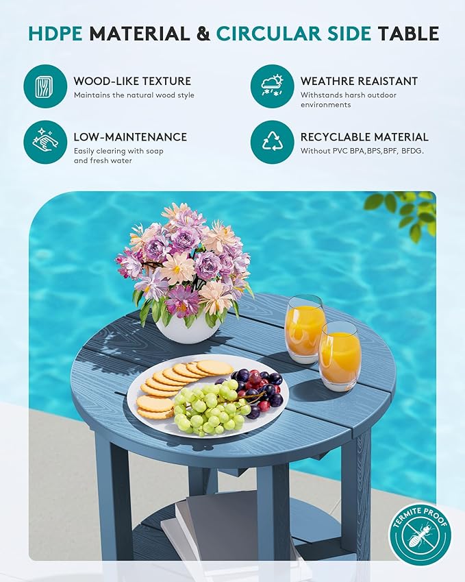 SERWALL Round Outdoor Side Table Set of 4, HDPE Small Adirondack Double End Table, Navy