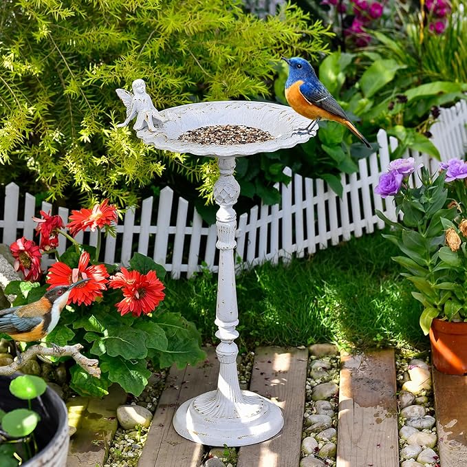 Sungmor Cast Iron Ornate Bird Bath for Garden, 21" Tall Vintage White Birdbath with Angel Statue Decor, Outdoor Standing Water Bowl, Decorative Pedestal Bird Feeder for Patio Deck Backyard