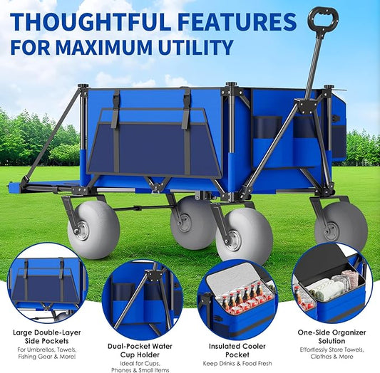 Beach Wagon with Big Wheels for Sand - 450lbs Load Heavy Duty Wagons Carts Foldable with 9" All Terrain Inflatable Tires, Collapsible Beach Cart for Grocery Shopping Garden Sports Camping Outdoor
