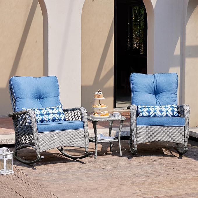 UDPATIO 3 Piece Patio Furniture Set, Wicker Rocking Bistro Set with 2 Rockers, 1 Side Table and 4‘’ Thick Cushions for Backyard, Porch, Balcony, Poolside, Grey/Blue