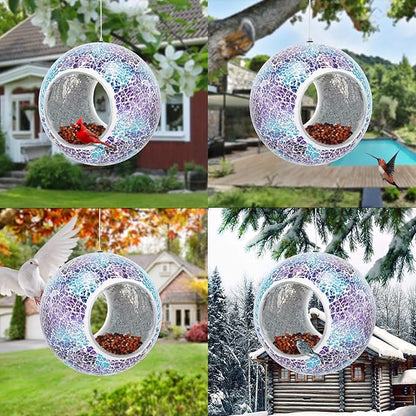 Yinns Bird Feeder - Glass Birds Feeder Outside Hanging, Mosaic Fly Through Birdfeeder with Oval Stained, Outdoor Garden Decor, 6.5 inch
