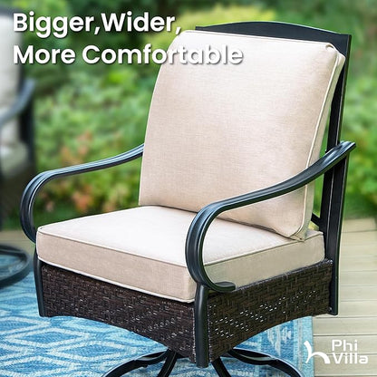 PHI VILLA Outdoor Swivel Chairs Set of 4, Heavy Duty Outdoor Metal Wicker Dining Chair with Thickened Cushions, Large All Weather Wrought Iron Patio Chair for Balcony