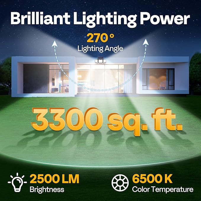 VIVOHOME Linkable Solar Lights Outdoor, Dual Roating Motion Sensor Flood Lights Solar Powered Security Light with 3 Heads, 2500LM, IP65 Waterproof for Outside, Yard, Garage, Wall, Patio, 3 Pack