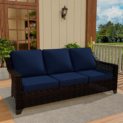 Vista Vibe 78" Patio Wicker 3-seat Sofa, Deep Seat & Upholstered Loveseat, Outdoor All-Weather Rattan Couch with Removable Cushions, Steel Frame Couch for Garden, Poolside (Brown/Navy)