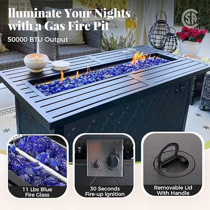 Patio Furniture Set, 4 Pcs Metal Outdoor Conversation Set, 2 Single Chairs and 3 Seater Sofa with 5.75" Extra Thick Cushion and Gas Fire Pit Table for Backyard Deck, Red