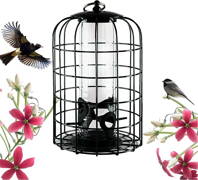 Nature's Rhythm Outdoor Hanging Bird Feeder Cage PC Tube Squirrel Proof Wild Bird Feeder with Large Metal Seed Guard Deterrent