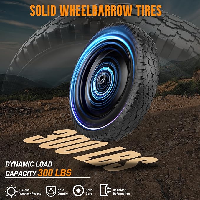 Wheelbarrow Tire 4.80/4.00-8 Flat-Free Tire and Wheel 14.5" Solid Wheelbarrow Tires with 3"-7" Centered Hub and 5/8" & 3/4" Bearings for Hand Truck, Trolley, Garden Cart, Wagons (2 Pack)