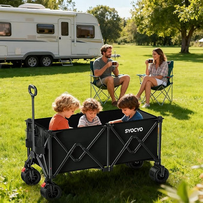 Collapsible Wagon Carts 570LBS Weight Capacity Foldable Beach Wagon with Big All-Terrain Wheels 330L Heavy Duty Utility Carts with Cup Holders for Camping, Garden, Sports, Grocery Black