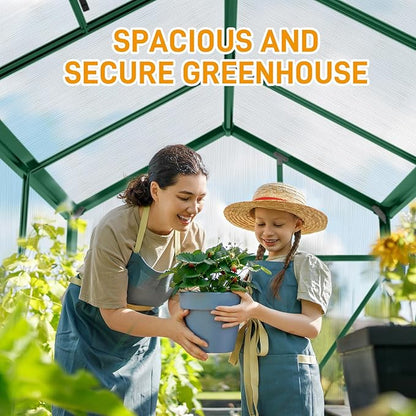 VINGLI Greenhouse, 6x10 FT Heavy Duty Polycarbonate Greenhouse with 5 Roof Vents, Aluminum Frame, Sliding Doors, Green