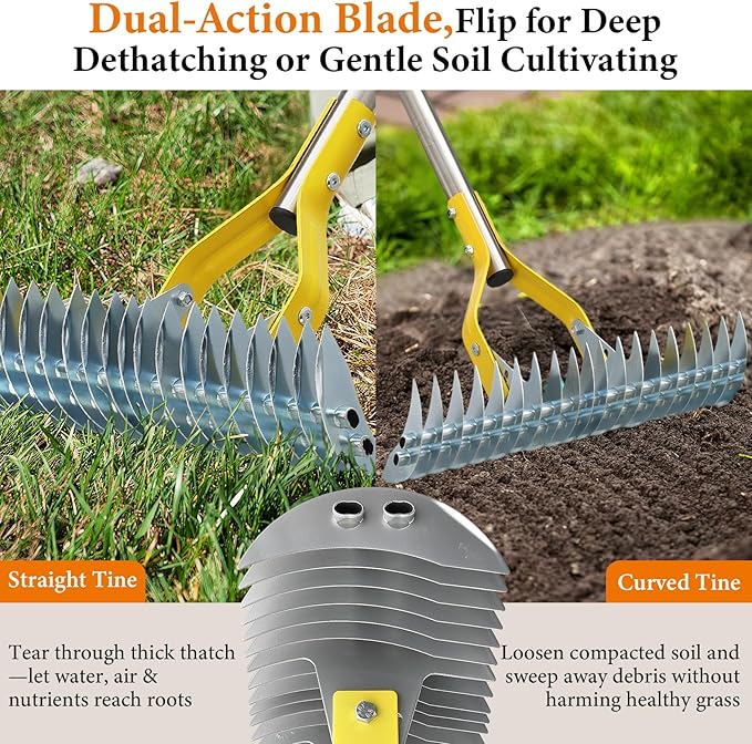 Thatch Rake for Lawns - 15in Dual-Action Dethatching Thatcher Rakes with 55'' Handle,Heavy Duty Manual Dethatcher & Scarifier Tool for Dead Grass,Moss,Weeds,Thatching Remover,Garden Yard Care Rake