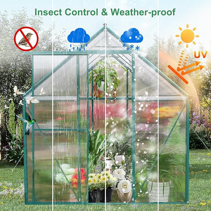 Polycarbonate Greenhouse Kit, 10x6 FT Heavy Duty Outdoors Durable Green House with Double Vent Window Lockable Door, Twin-Wall Panels, Walk in Green Houses for Backyard Outside Garden
