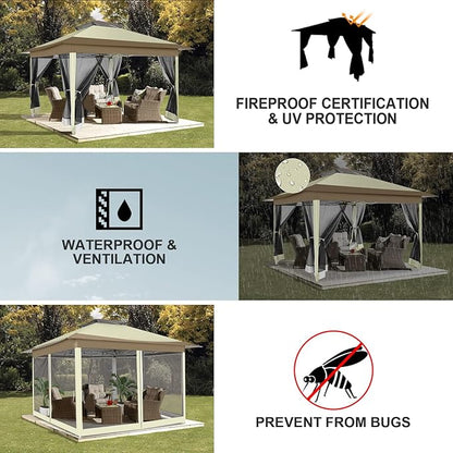 COBIZI 12x12 Pop up Gazebo on Clearance with Mosquito Netting & Sandbags, Outdoor Canopy Tent with 4 Ropes 8 Stakes & Portable Carrying Bag, Patio Portable Gazebo for Garden Backyard & Lawn,Khaki