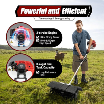Gas Handheld Sweeper, 52CC 2 Stroke 2.3hp Engine Power Snow Sweeping Grass Handheld Sweeper Power Broom Portable Gas Power Walk Behind Sweeper for Sweeping Driveway Grass Patio Snow Clean