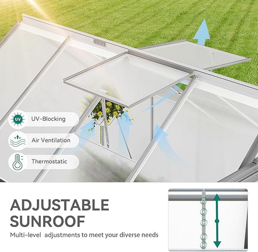 YITAHOME 6x8FT Polycarbonate Greenhouse Heavy Duty Green Houses Outdoor Aluminum Greenhouses with Sliding Doors Vent Window Walk-in Greenhouse Large Sun House for Garden Backyard, Matte Silver