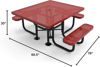 COATEDOUTDOORFURNITURE Coated Outdoor Furniture Heavy-Duty Portable ADA-Compliant Outdoor Picnic Table with Umbrella Hole, Punched Steel Patio Dining Furniture Made in America (46" Square Top, Red)