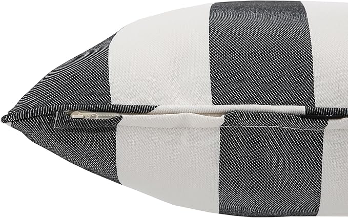 Outdoor Throw Pillow with Insert 18x18 Inch, Set of 2, Piping Edge Waterproof Fade Resistant Decorative Fluffy Pillows for Patio Furniture Chair Bench Couch Sofa - Black Ivory Striped