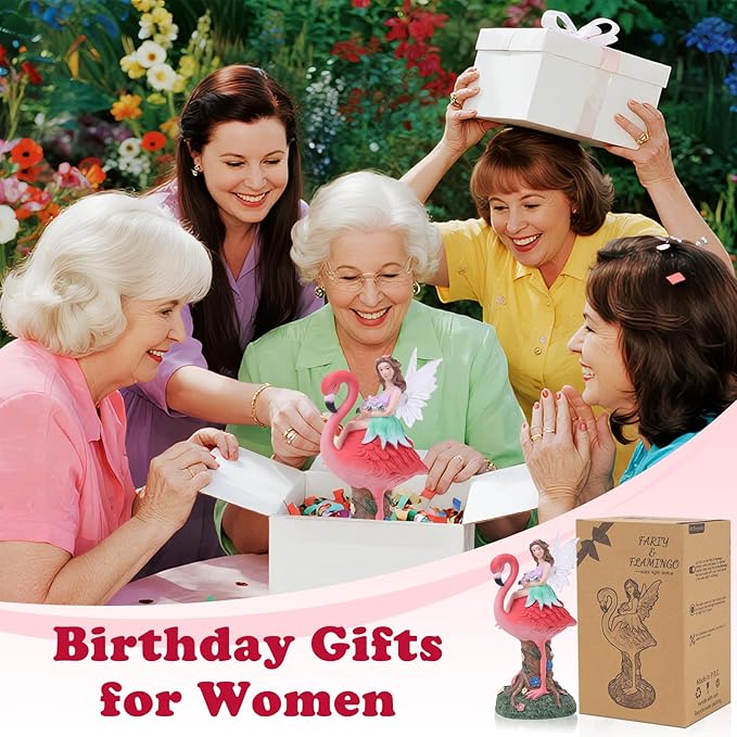 Solar Fairy & Flamingo Garden Decor Statue, Outdoor Funny Solar Light Decoration for Yard, Patio, Lawn, Unique Housewarming, Birthday Gift for Women, Mom, Grandma