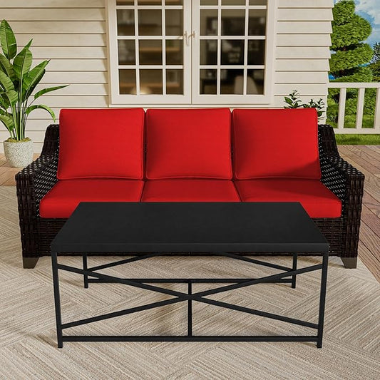 Vista Vibe 2 Pieces Outdoor Patio Conversation Furniture Set - 78" 3-seat Sofa | Metal Coffee Table, Deep Seat Loveseat, Removable Cushions, Hand-Woven PE Rattan Couch, Lawn (Brown/Red)