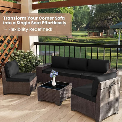 Outdoor Patio Furniture Set, 6 PCS Outdoor Furniture All Weather Patio Sectional Sofa PE Wicker Modular Conversation Sets with Coffee Table,5 Chairs & Seat Clips Black