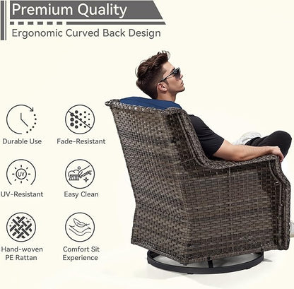 Patio Bistro Set 3 Pieces - Outdoor Swivel Rocker Patio Chair Set of 2 with Matching Tempered Glass Side Table, Cushion Included(Mixed Grey/Blue)