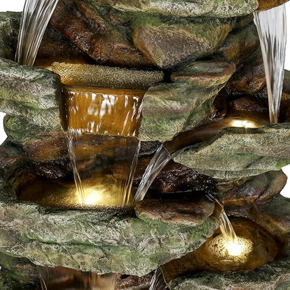 Naturefalls 59inches Outdoor Rock Water Fountain with LED Lights - Multi-Tiers Poly-Resin Cascading Waterfall Fountain for Garden, Patio, Yard, Home Decor