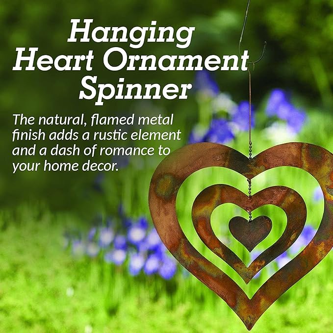 Happy Gardens Hanging Heart Ornament Spinner with a Flamed Finish | Outdoor Heart Decorations for Valentine's Day, Mother's Day | Garden and Backyard Gifts