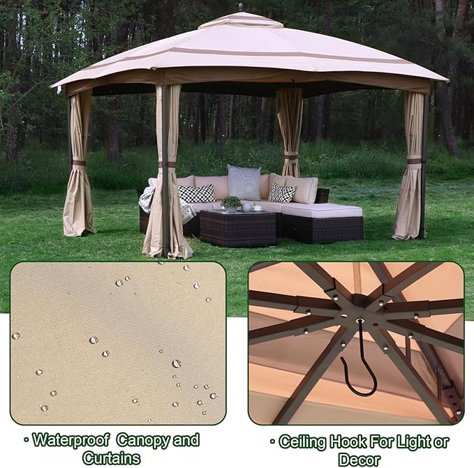 11x13 Gazebo for Patio, Gazebo with Curtains & Sandbags, Double Tier Roof Marquee Canopy for Garden, Deck, Backyard, Lawn (Khaki)-Netting not Included