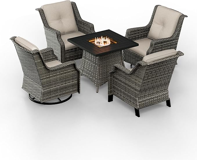 5-Piece Patio Wicker Conversation Set with Fire Pit, Furniture Set Includes 2 Swivel Rocker Chair and 2 Armchair, Cushion Beige