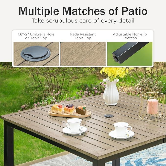 PHI VILLA 5 Pcs Patio Dining Set, Table Chair Set for 4 With Swivel Chairs and Metal Frame Steel Square Table, Outdoor Furniture With Cushion and Pillow for Garden Lawn Deck