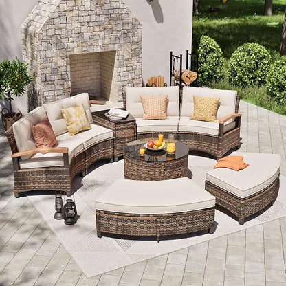 MEISSALIVVE 8 Piece Outdoor Patio Furniture Set, Half-Moon Curved Sectional Set with Wood Armrests, Patio Conversation Set, 2 Half-Moon Ottomans，Coffee & Side Tables (Brown)