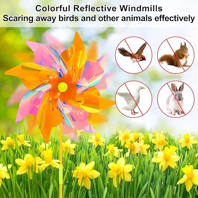 6 Pcs Reflective Pinwheels Wind Spinner for Yard and Garden, Decorative Windmill Toy Pinwheel for Kids, Colorful Garden Wind Spinners Outdoor Party Decorations, Pinwheels to Scare Birds Away