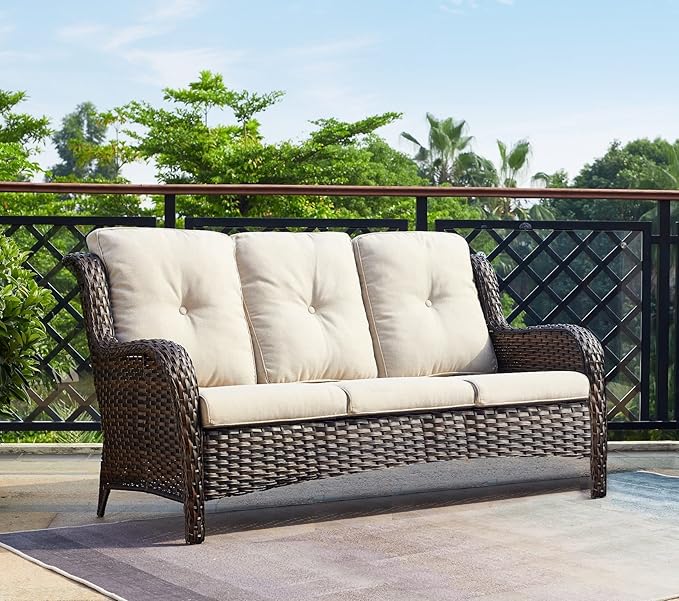 HUMMUH 3-Seat Outdoor Wicker Sofa PE Rattan Patio Couch with Cushions,Deep Seat High Curved Back Armset Patio Sofa