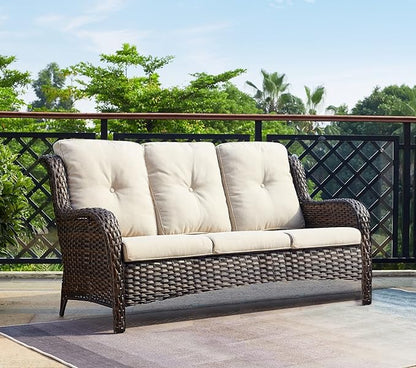 HUMMUH 3-Seat Outdoor Wicker Sofa PE Rattan Patio Couch with Cushions,Deep Seat High Curved Back Armset Patio Sofa