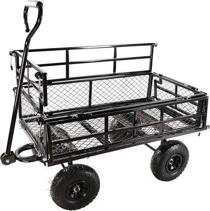 Heavy Duty Garden Wagon with Foldable Sides, Pneumatic Tires, Adjustable Handle (Black Double Layer)