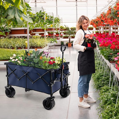 Goplus Collapsible Wagon Cart, Foldable Heavy Duty Utility Wagon with Adjustable Handle, Wide All Terrain Wheels, Cup Holder, Portable Garden Cart Beach Cart for Camping, Picnic (Blue)