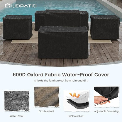 UDPATIO 5 Piece Aluminum Patio Furniture Set with Fire Pit Table,Faux Wood Patio Conversation Set with Olefin Fabric Thick Cushions, Aluminum Outdoor Furniture, 600D Waterproof Cover Included, Grey
