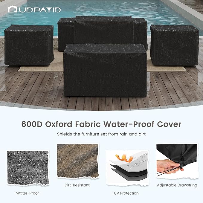 UDPATIO 5 Piece Aluminum Patio Furniture Set with Fire Pit Table, Faux Wood Patio Conversation Set with 6" Olefin Cushions, Aluminum Outdoor Furniture, 600D Waterproof Cover Included, Light Grey