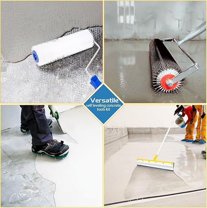 Self Leveling Concrete Tools, Spiked Roller for Self Leveling Epoxy Floor Tool Kit - Cement Leveling Tools with Roller Brush, Spike Shoes, Stainless Steel Scraper Self-Leveling Rake